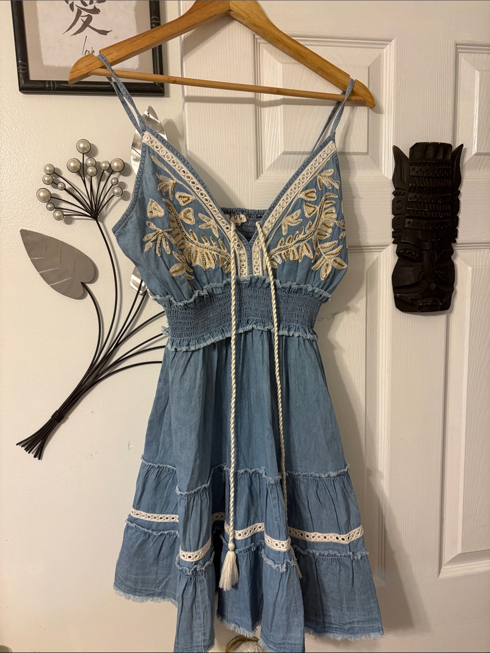 POL Light Blue Embroidered Spaghetti-Strap Mini Dress